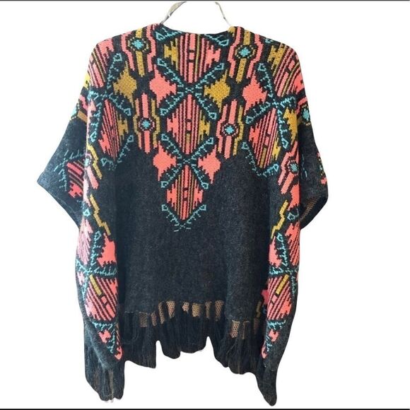 Paper Crane M Gray Orange Aztec Chunky Oversized Poncho Western Fringe Cardigan - Picture 1 of 10